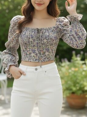 Suite 2939 Floral Square-Neck Crop Top with Long Puff Sleeves | Size XL